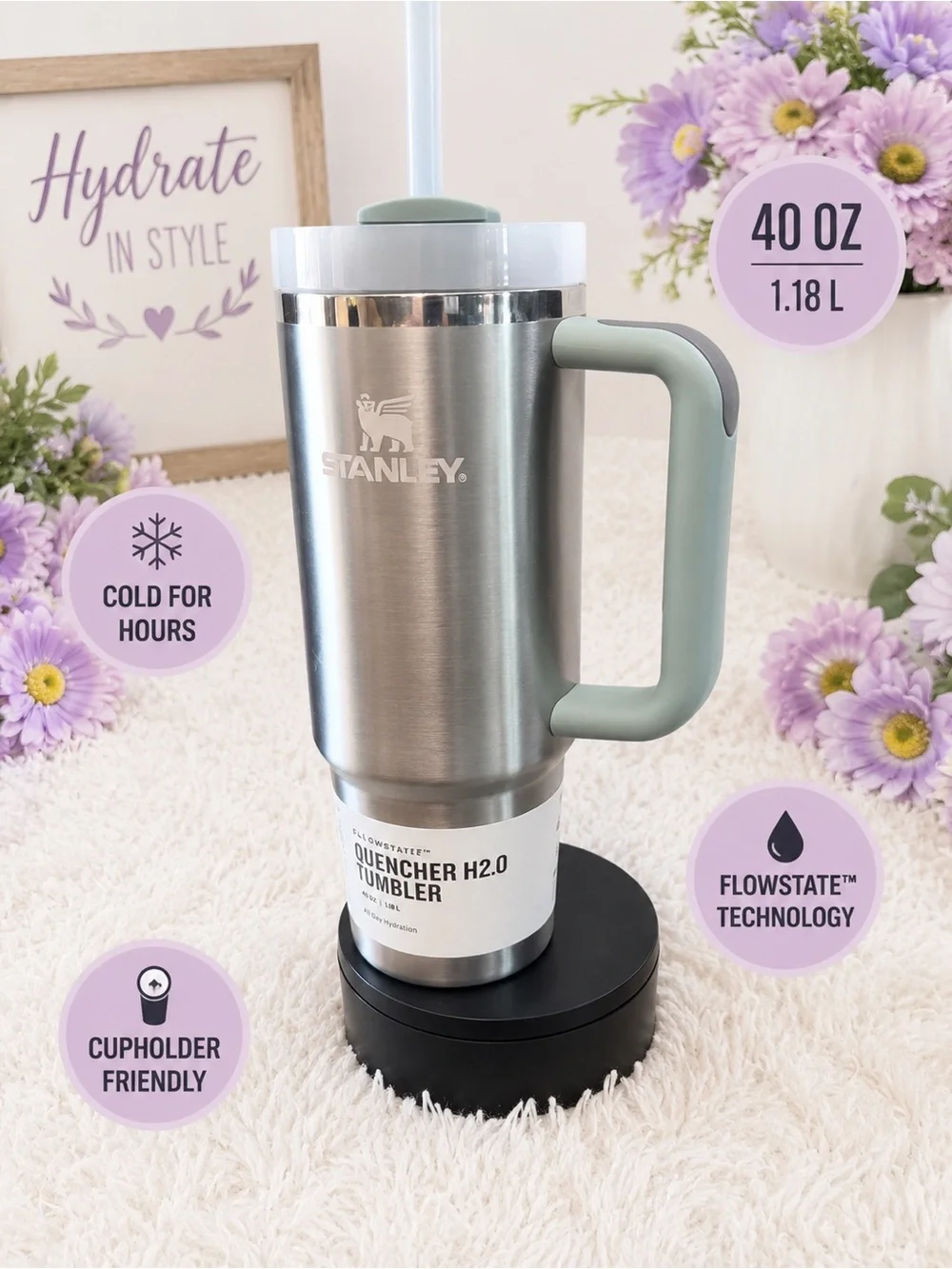 Stanley 40 oz Stainless Tumbler with Sage Green Handle and White Lid